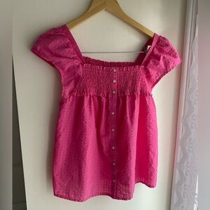 Old Navy Flutter Sleeve Smocked Seersucker Swing Blouse Pink Button Up Sz Small